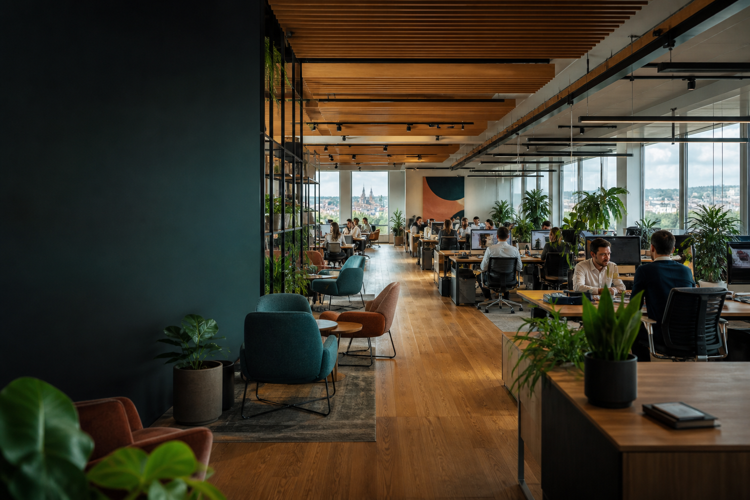 Velký moderní open-space s pracujícími lidmi, zelení, dřevem a barevnými doplňky