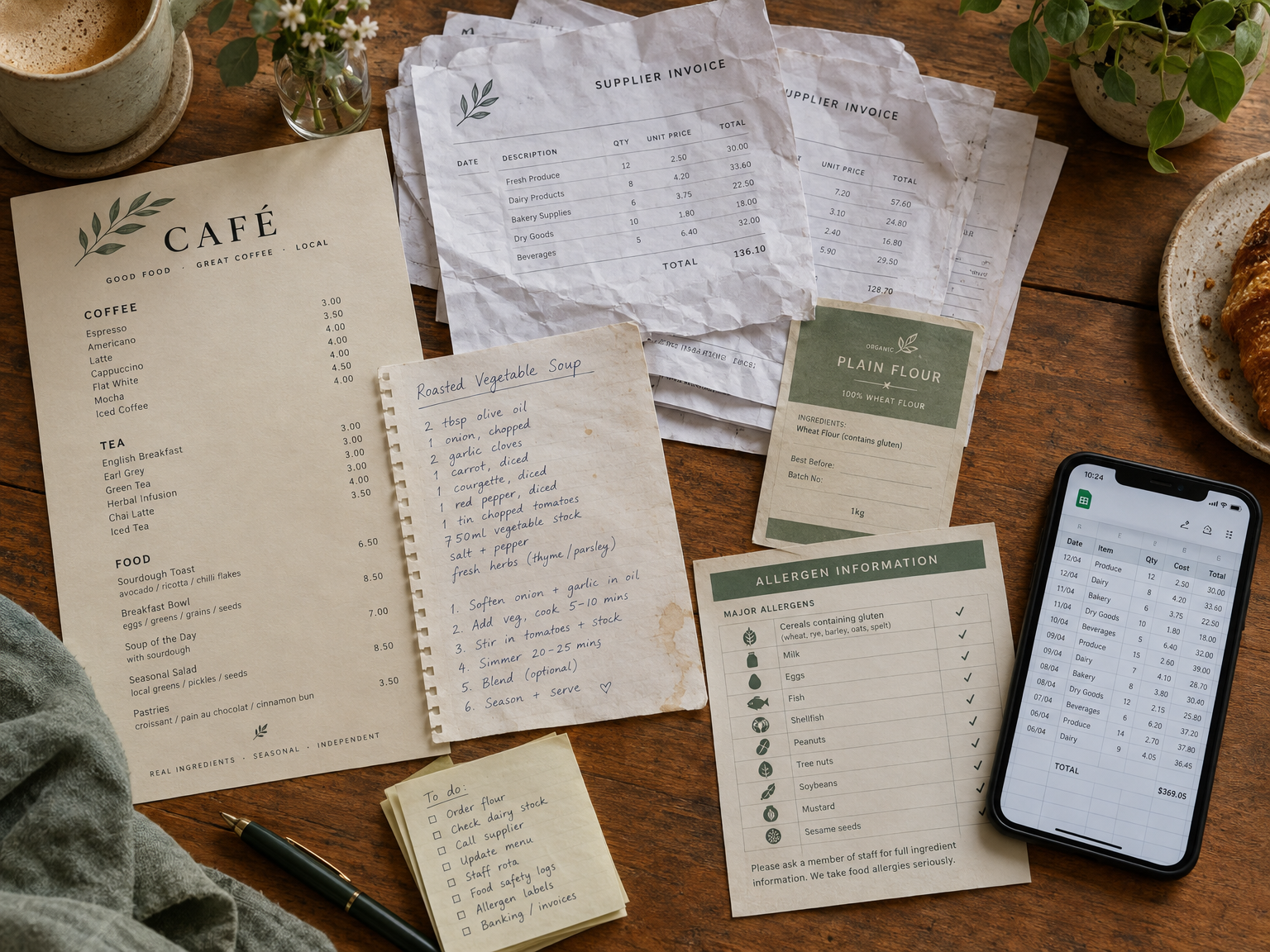 Flat lay of menu paperwork, notes, invoices and a laptop on a busy cafe table