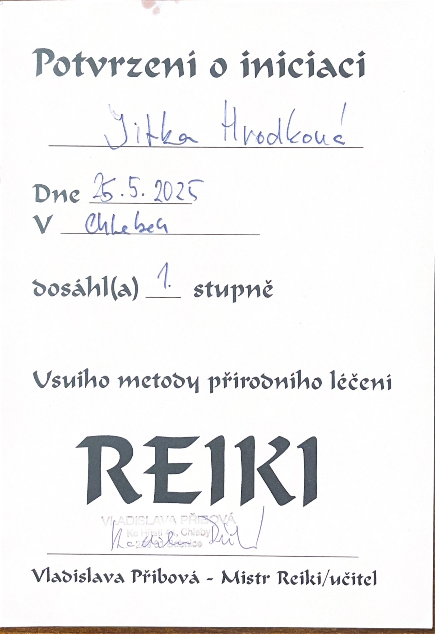 Certifikát: Reiki 1. stupeň