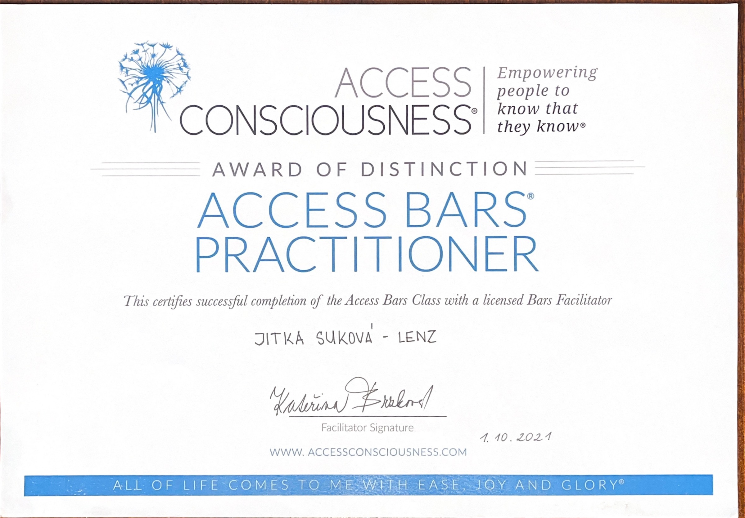 Certifikát: Access Bars Practitioner