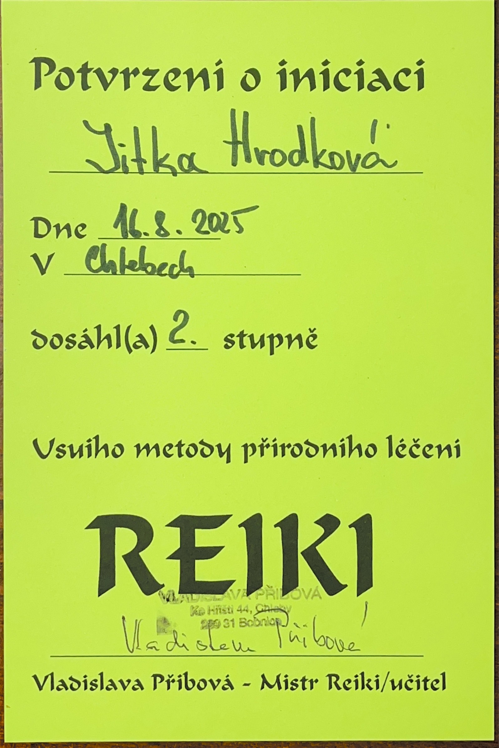 Certifikát: Reiki 2. stupeň
