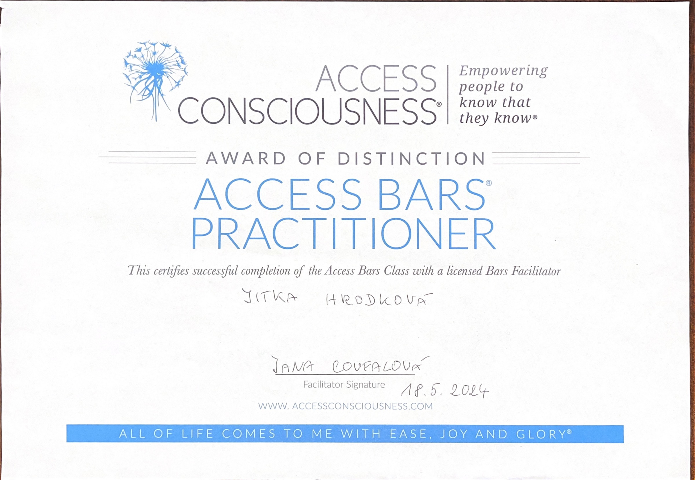 Certifikát: Access Bars Practitioner