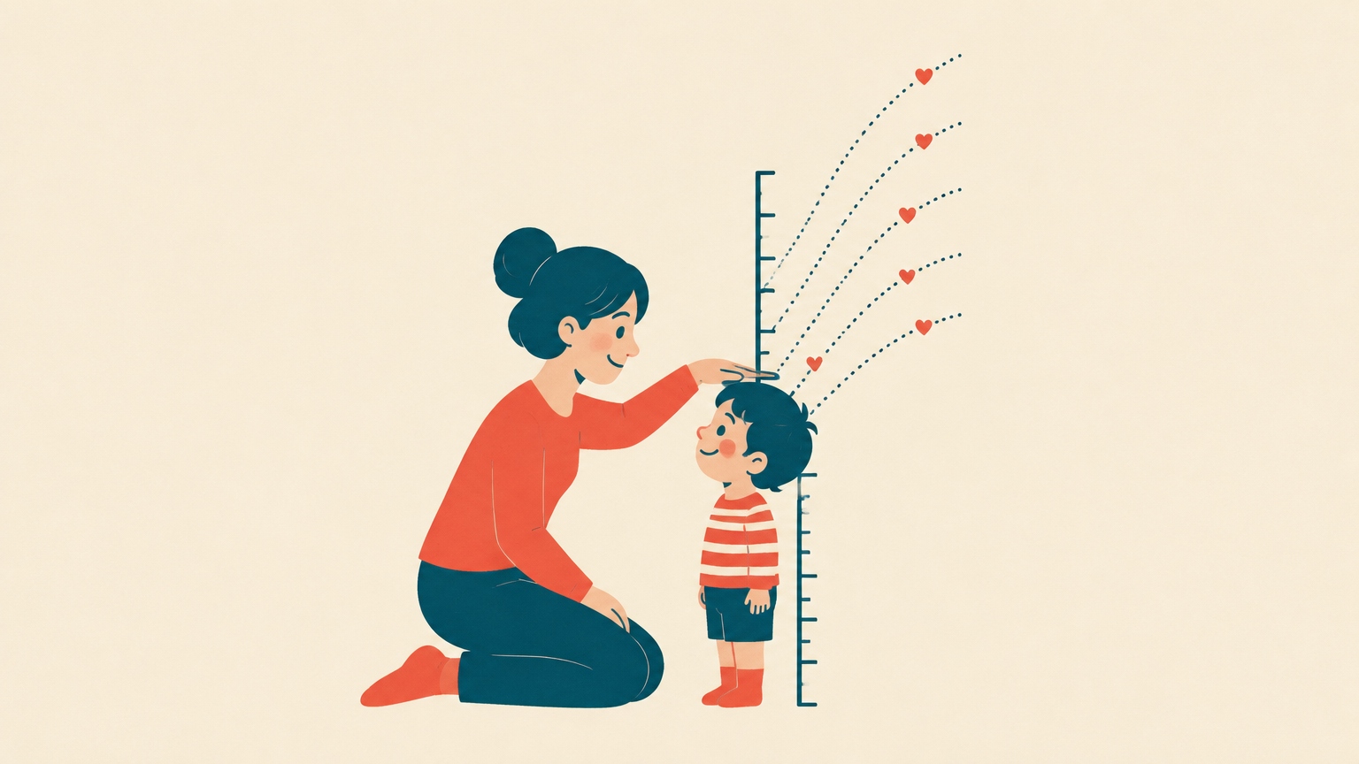 Illustration of a parent measuring a toddler's height against a growth chart