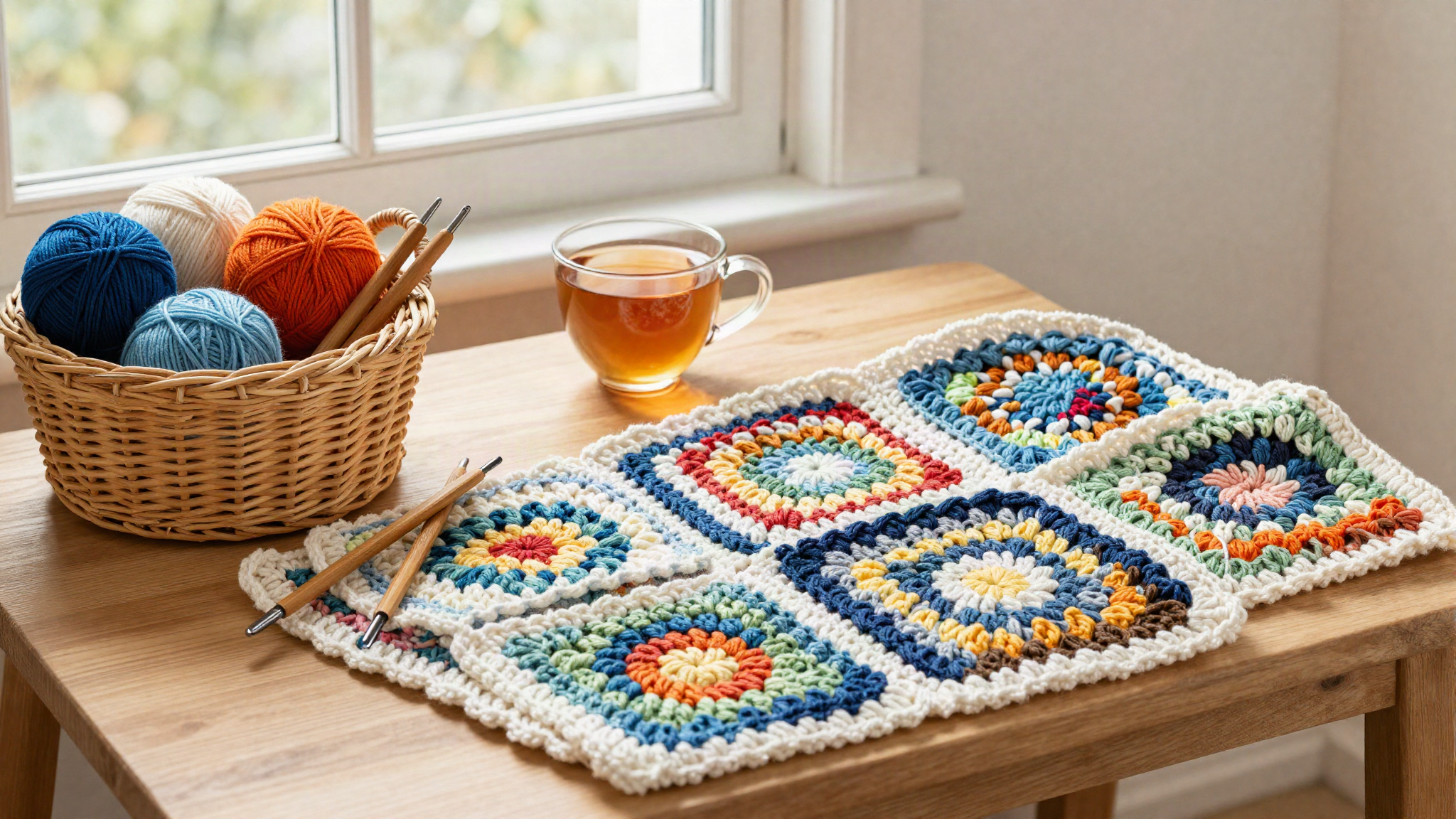A cozy crochet workspace with yarn and finished projects