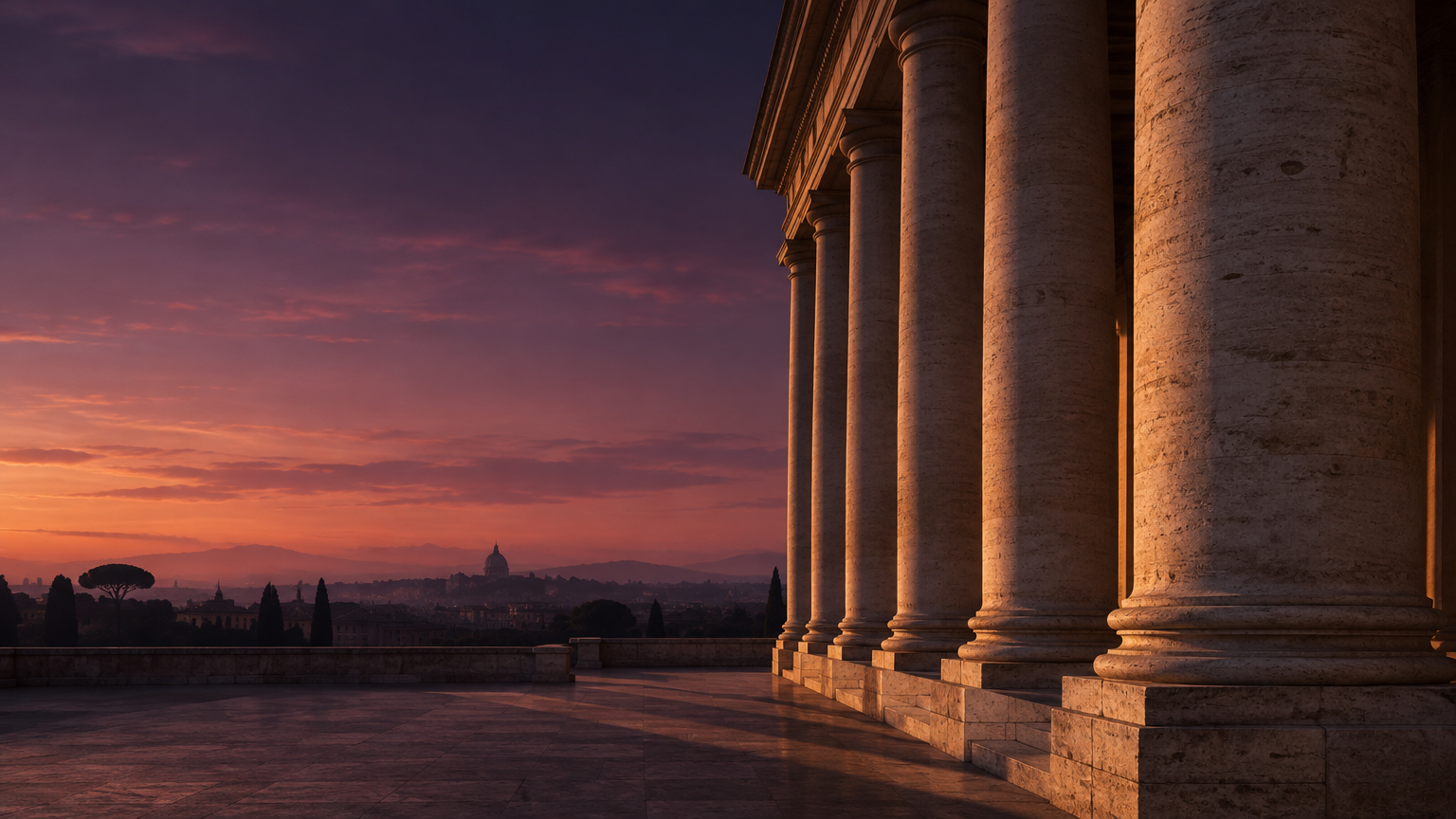 Travertine colonnade in Rome at dusk