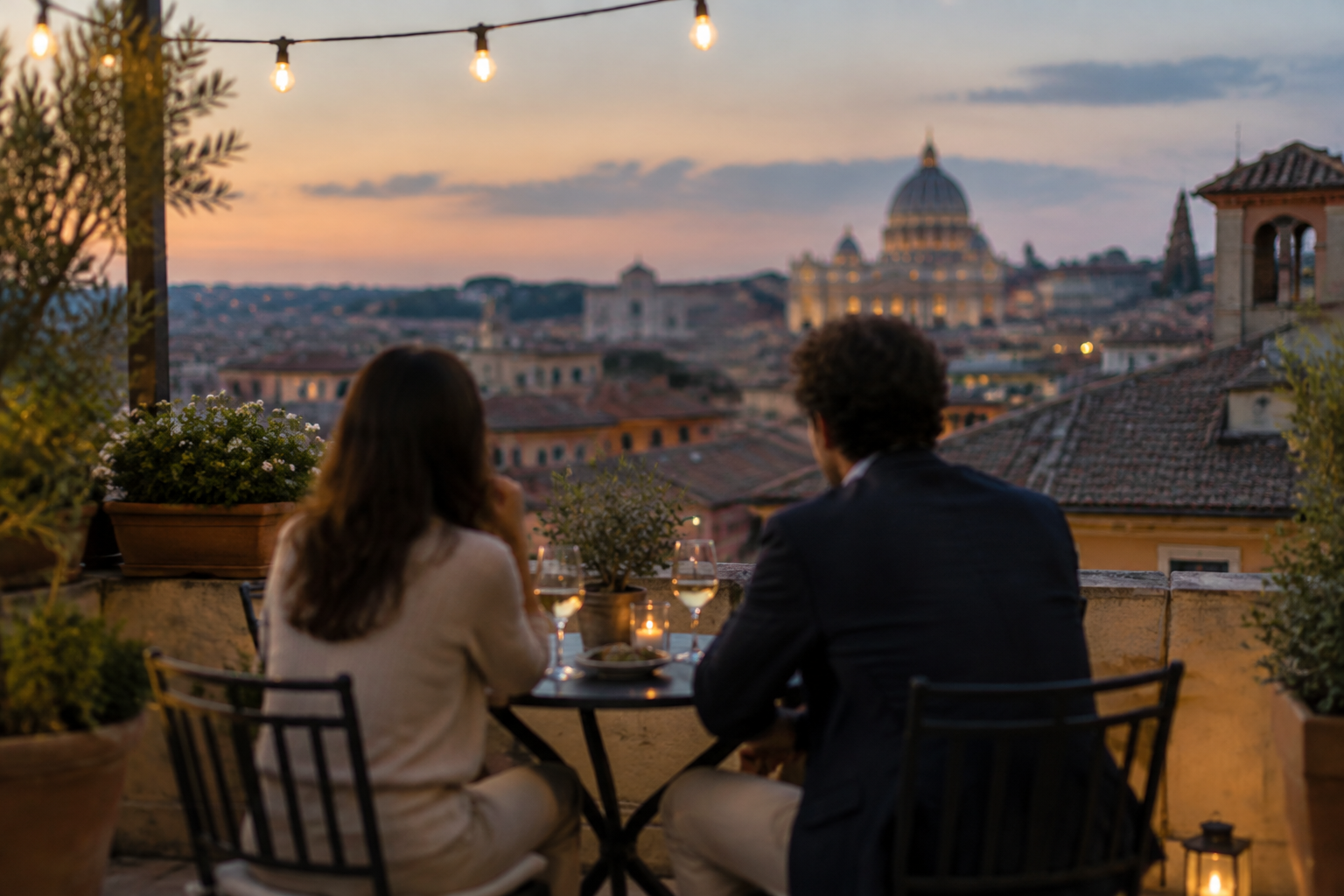 Business conversation on a Roman terrace at dusk
