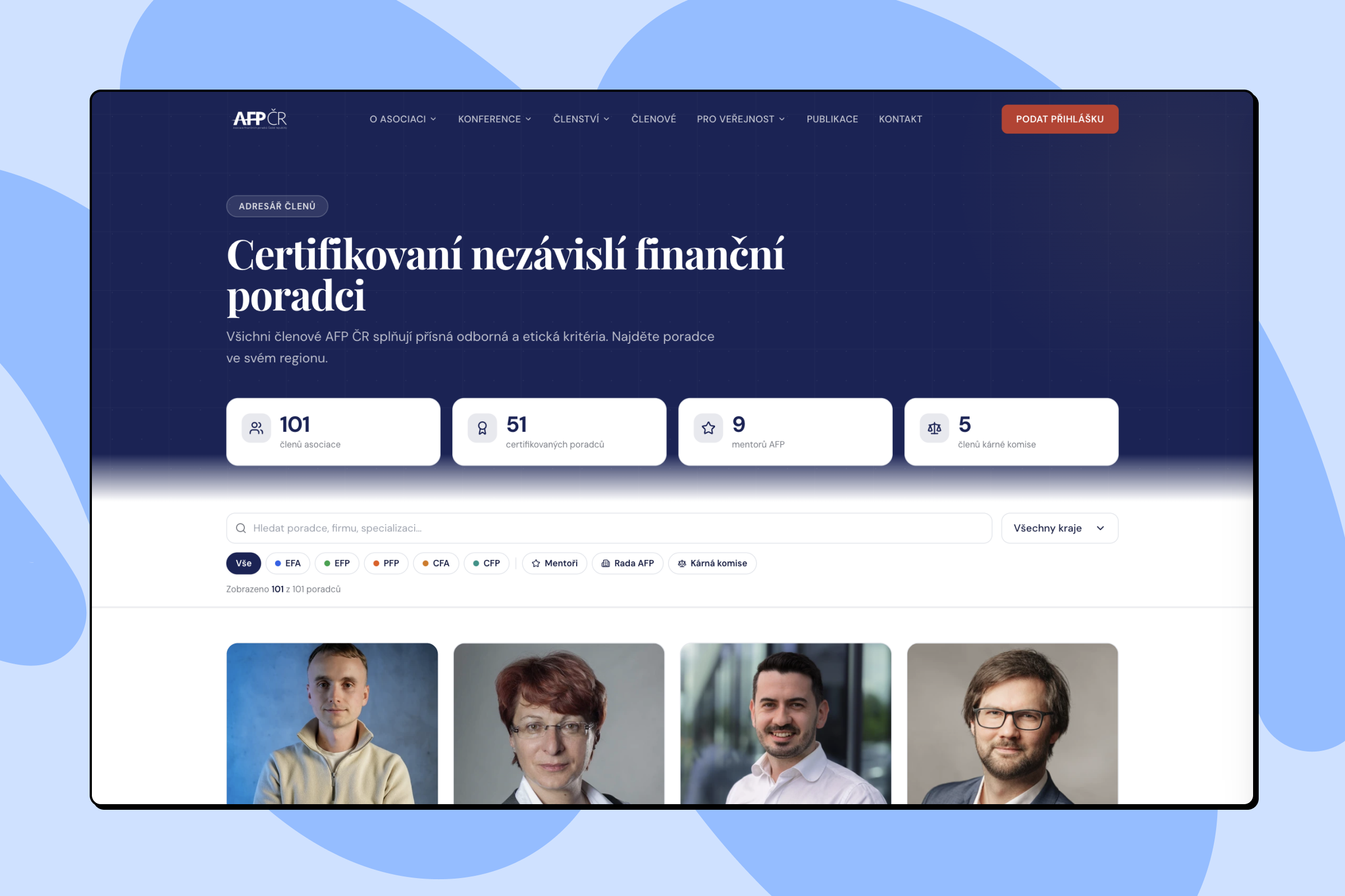 Screenshot webu s filtrovatelným adresářem