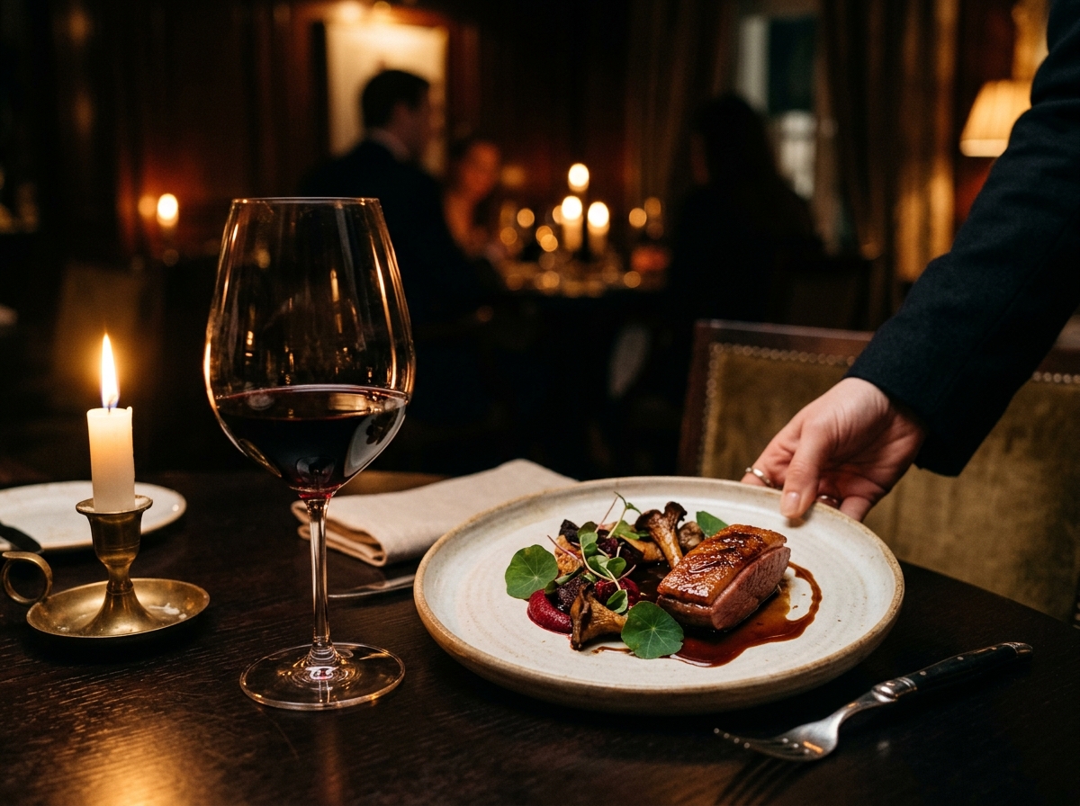 A fine-dining course served by candlelight with red wine