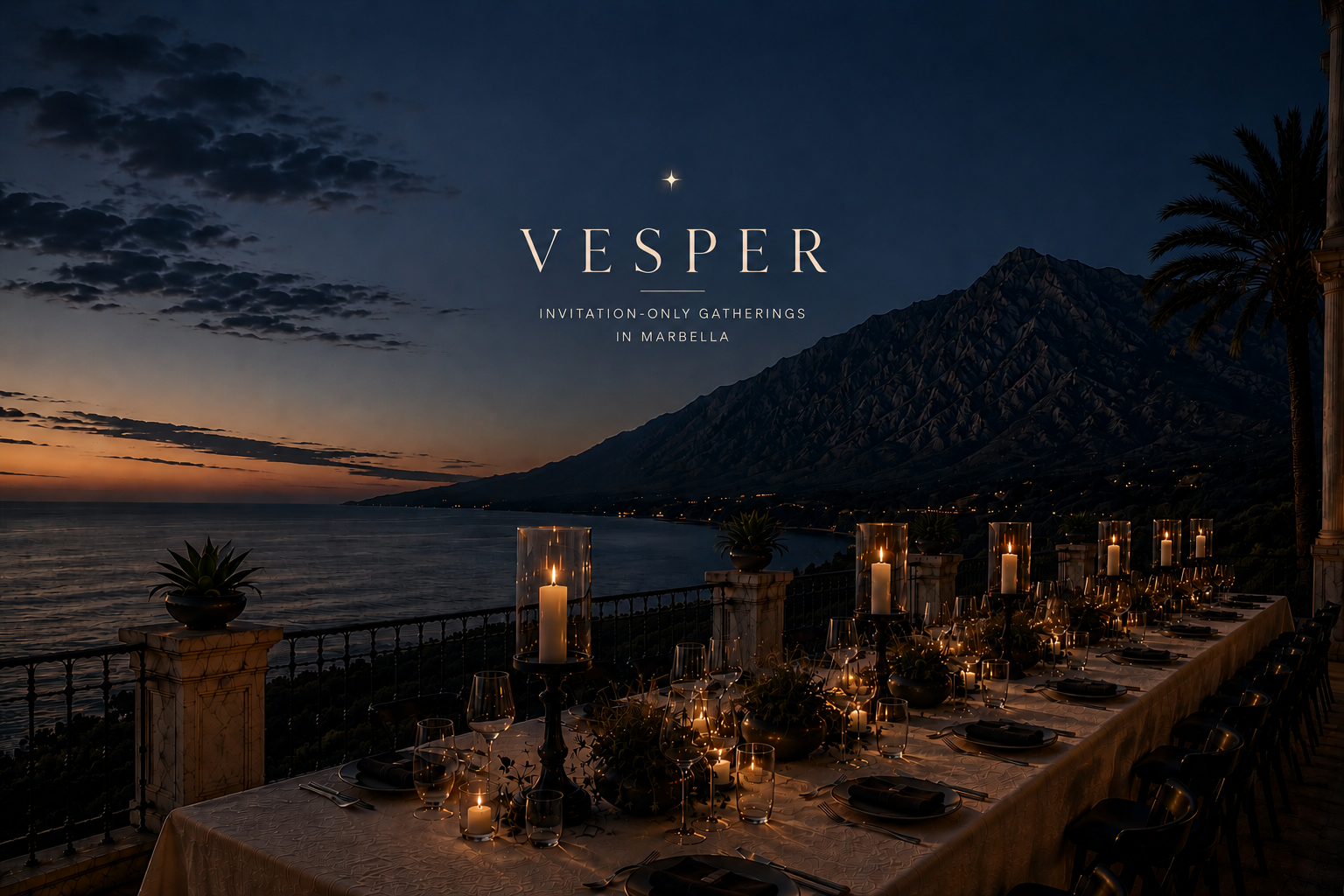 A candlelit dinner table on a terrace at sunset overlooking the sea and mountains