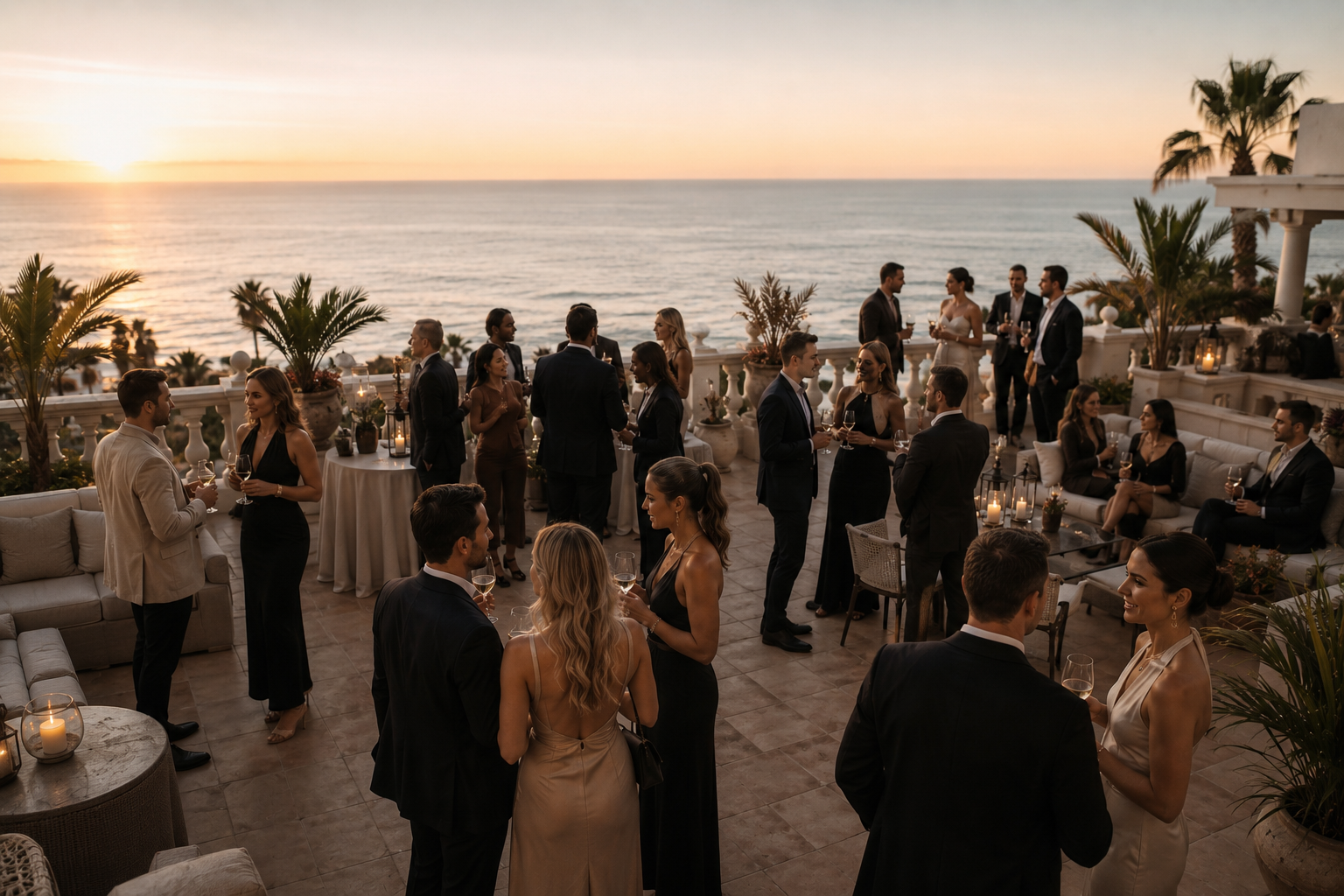 Guests gathered on a candlelit terrace overlooking the sea and mountains in Marbella