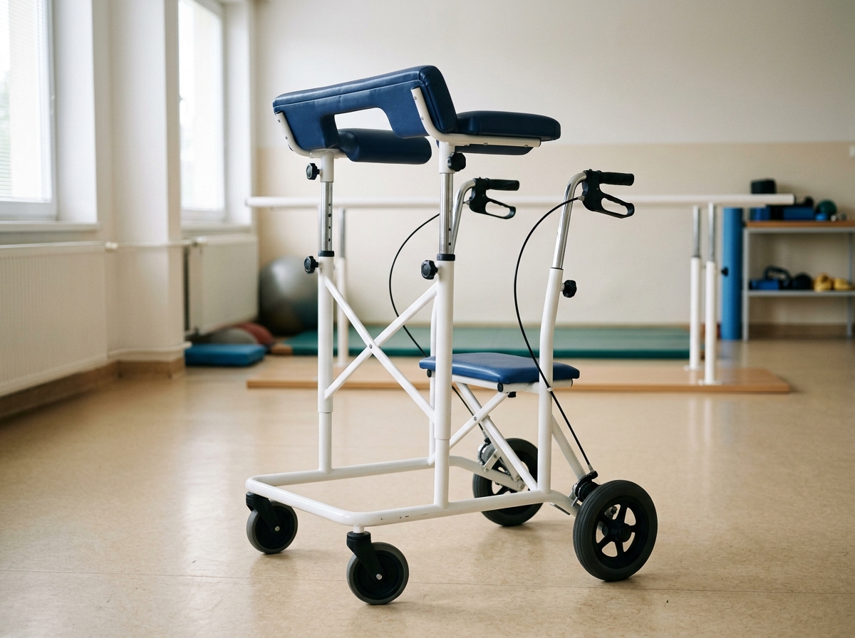 Dospelý rehabilitačný G-aparát so štyrmi kolieskami, sedadlom a nastaviteľnými podpazušnými opierkami