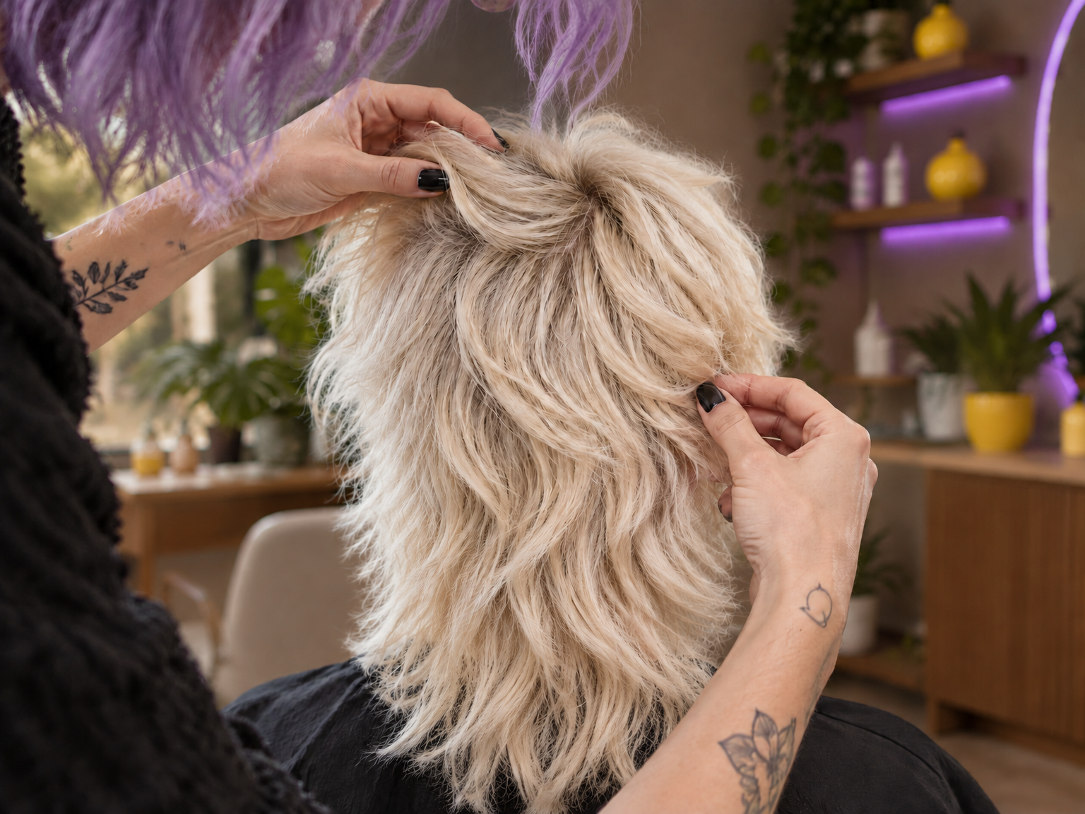 Close-up of a stylist's hands shaping a textured platinum shag haircut, lilac hair and bright salon behind
