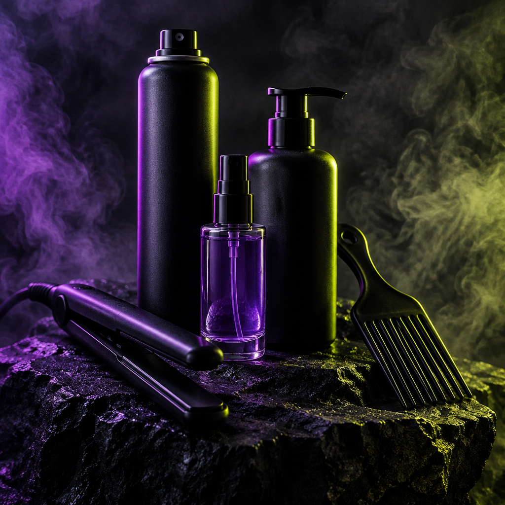 Moody dark product photography with salon hair care products and styling tools lit in lilac and citron