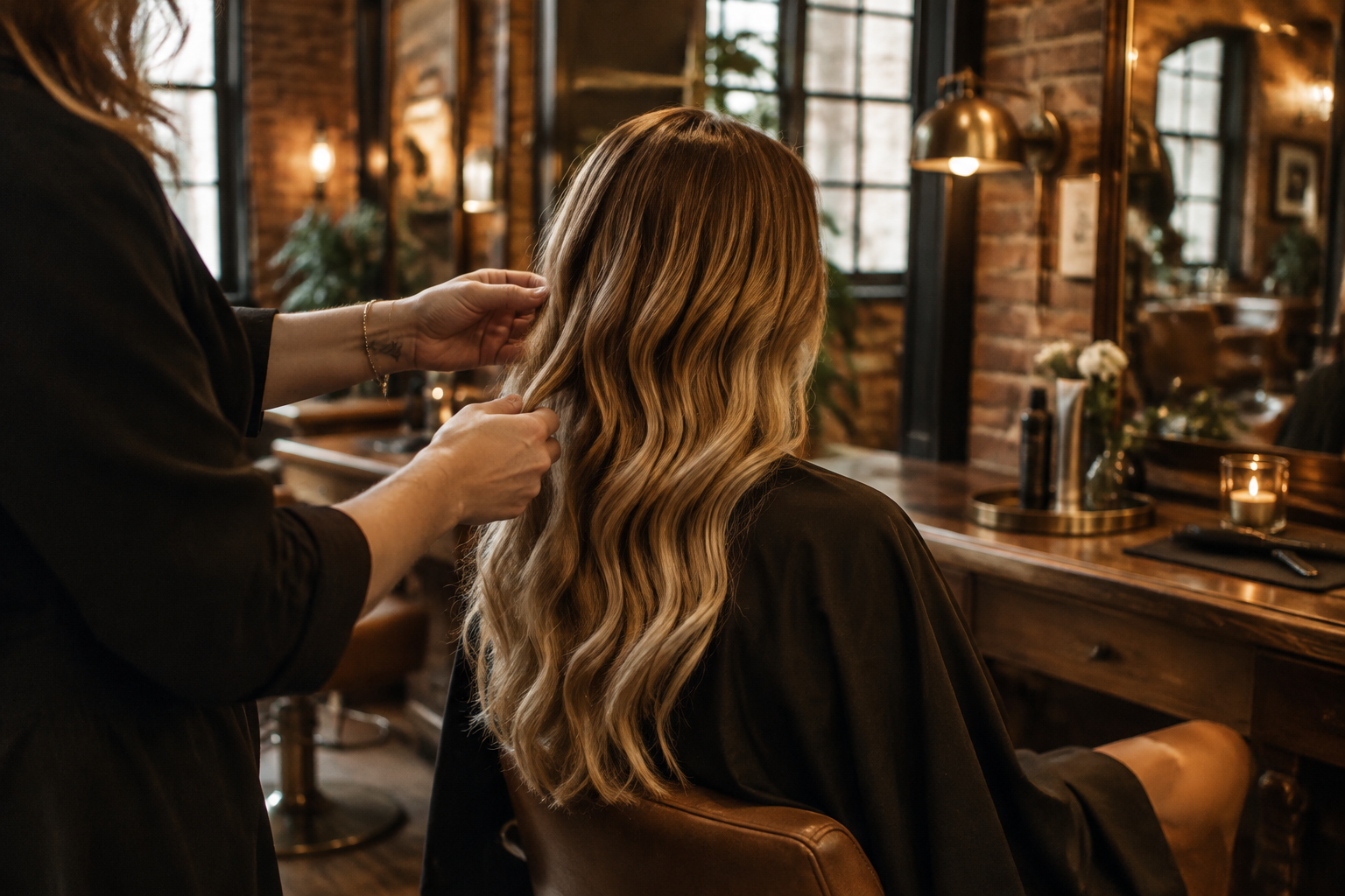 Stylist finishing a client's long wavy honey-blonde hair in the Olde Mill salon