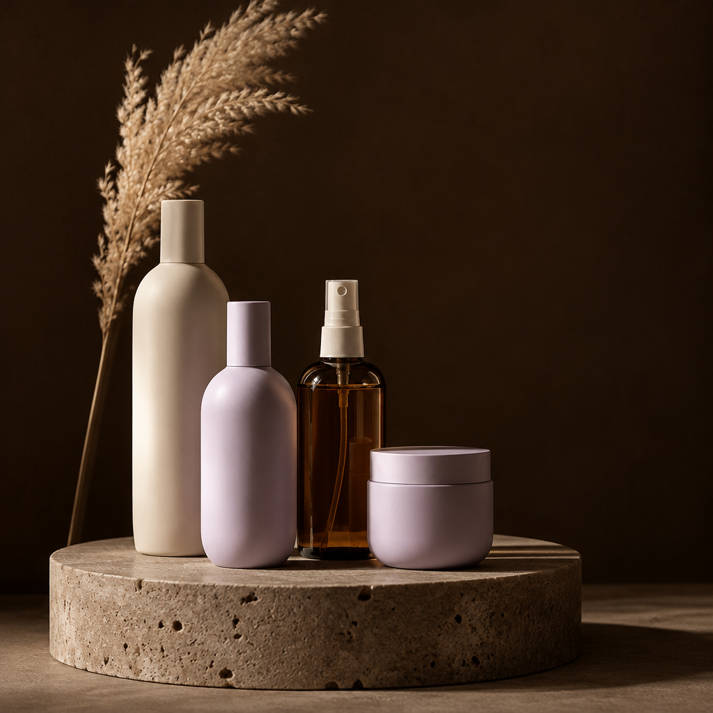 Professional salon hair care products on a cream pedestal