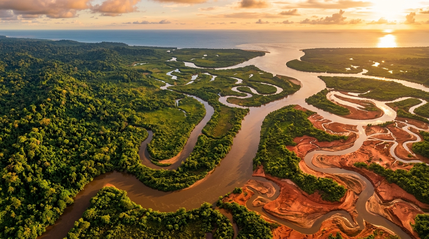 Luchtfoto van een rivierdelta waar regenwoud en rode aarde elkaar ontmoeten