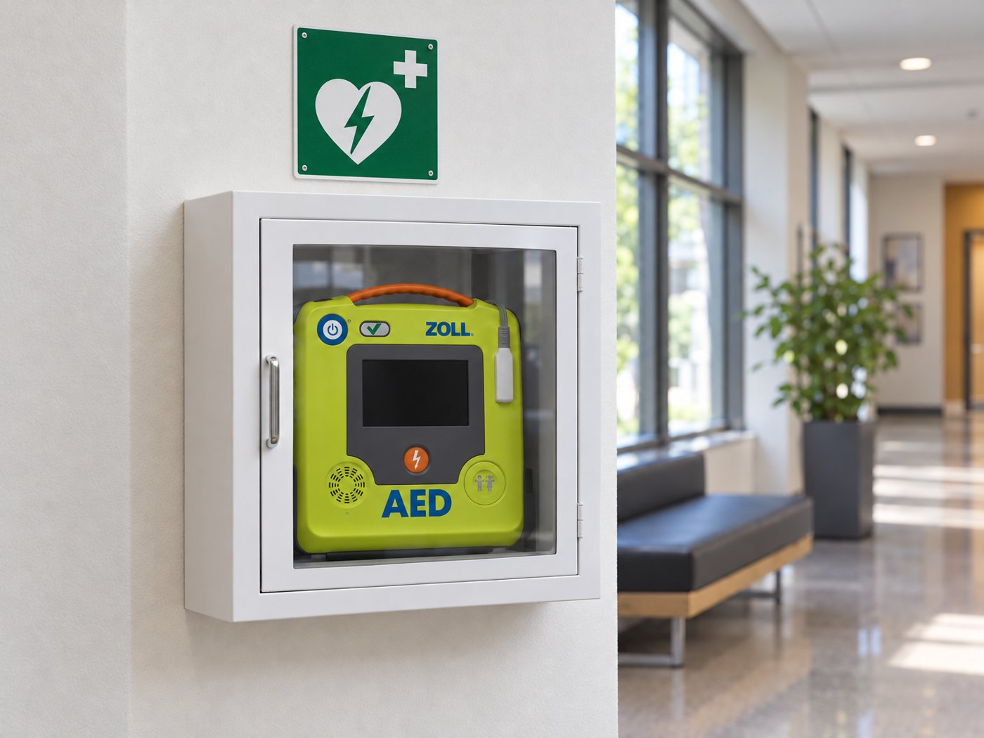 Defibrilátor ZOLL AED 3 ve vnitřní skříni na chodbě budovy
