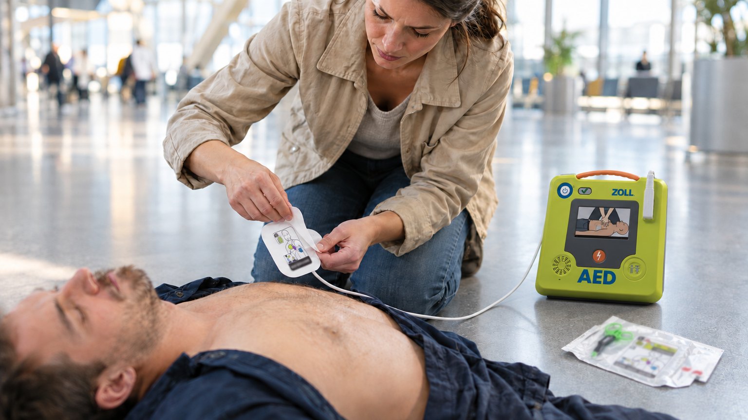Záchranářka připravuje elektrody defibrilátoru ZOLL AED 3 u muže v bezvědomí
