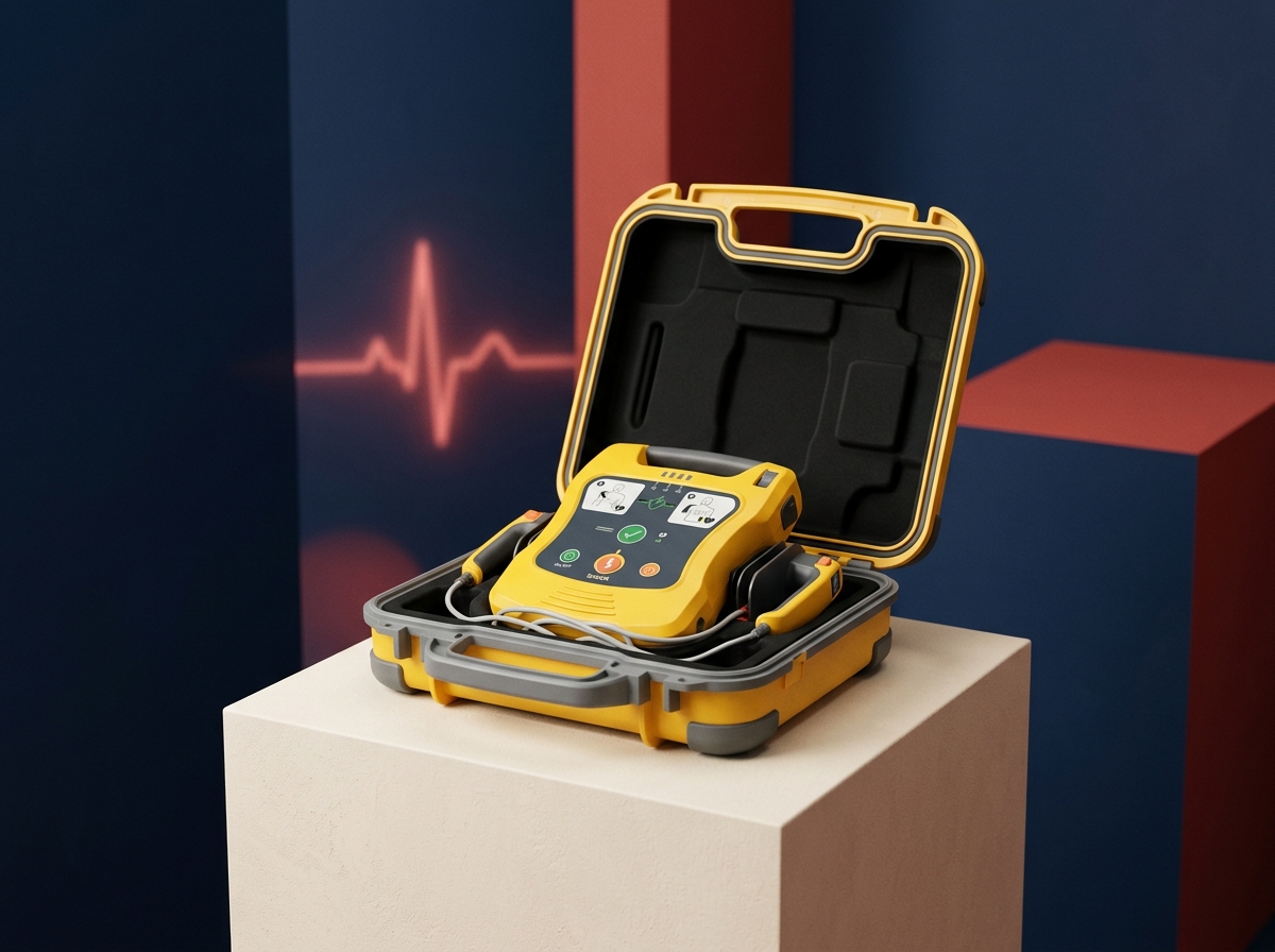 AED defibrilátor připravený k použití na pracovišti