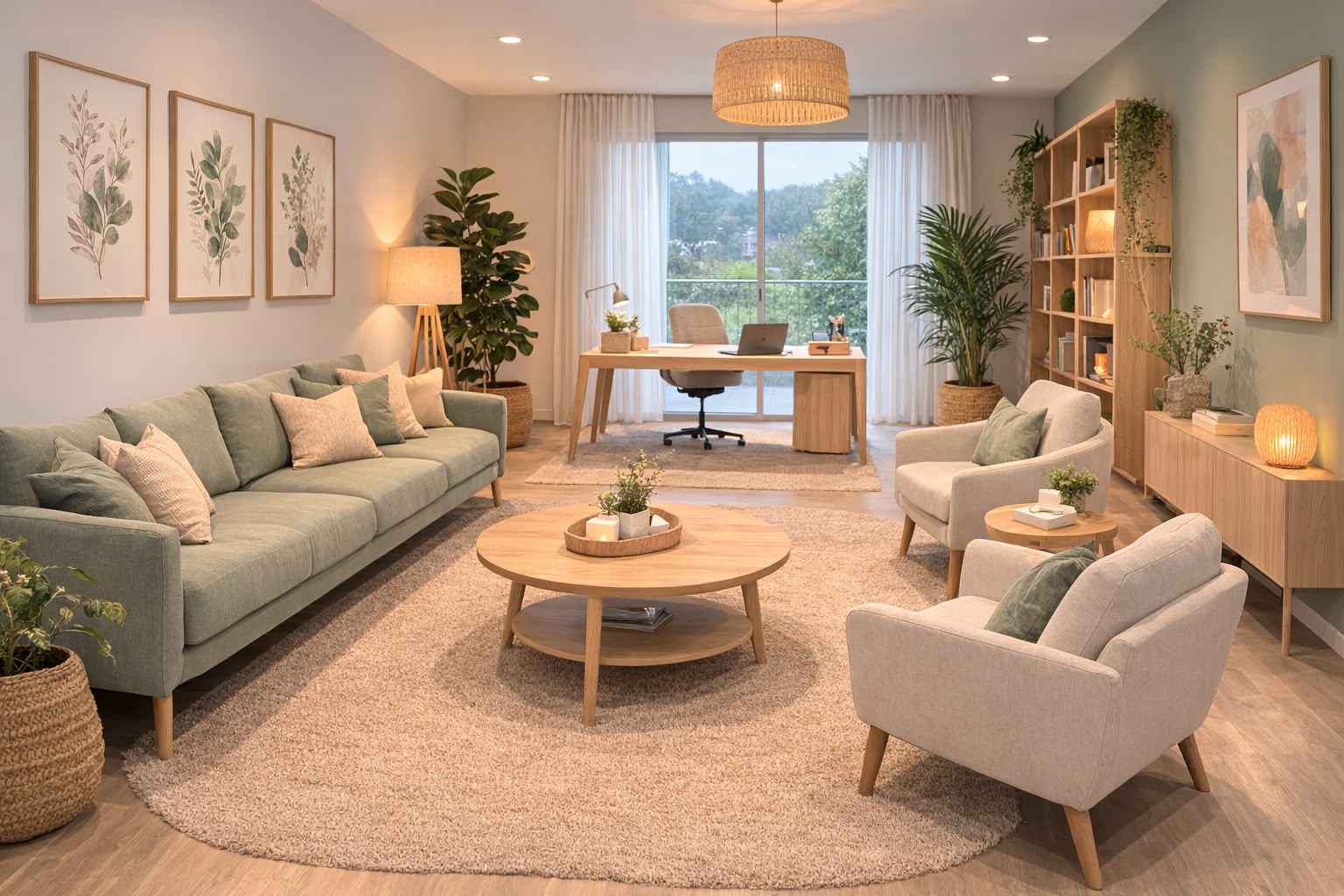 Sala de consulta de Entre Etapas — espacio acogedor con sofá verde y luz natural