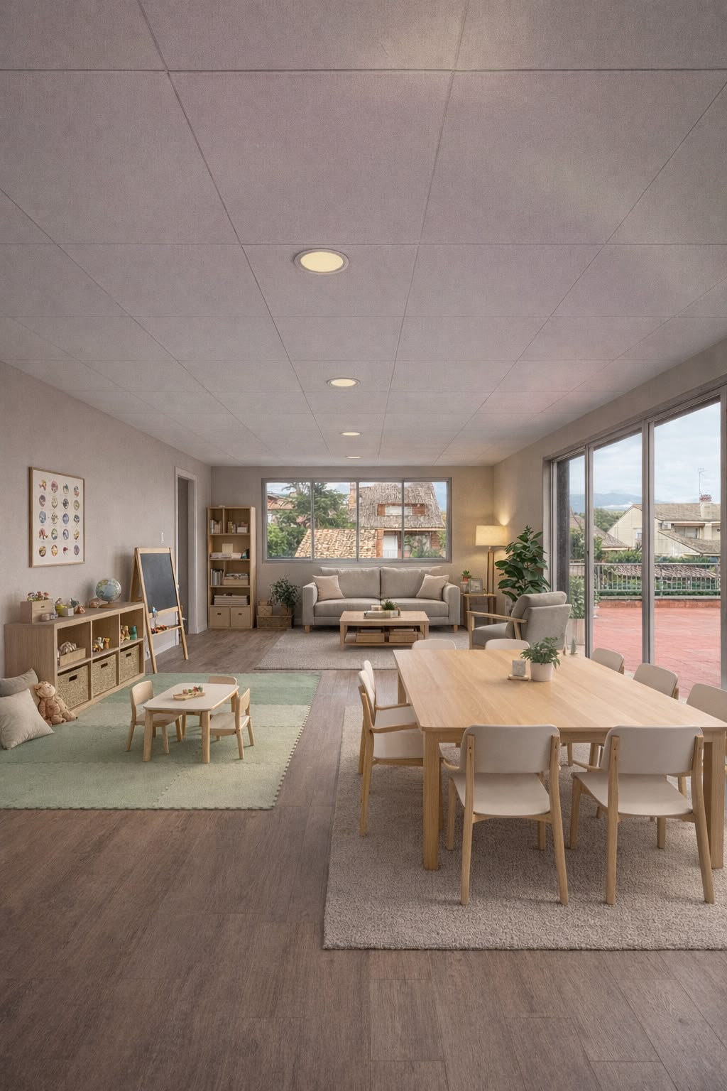 Sala multiusos de Entre Etapas — zona infantil, mesa de talleres grupales y terraza