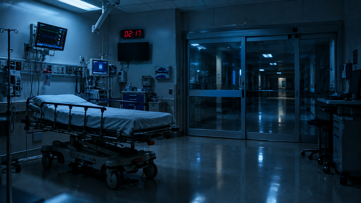 Empty emergency department trauma bay at night with a vacant gurney, monitors, and a 02:17 clock.