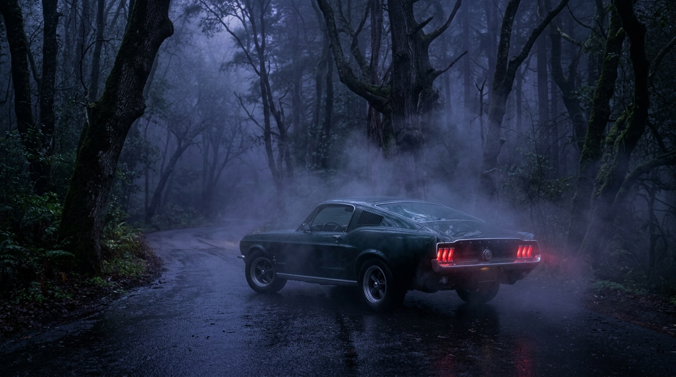 1968 Ford Mustang in een mistige donkere bosomgeving