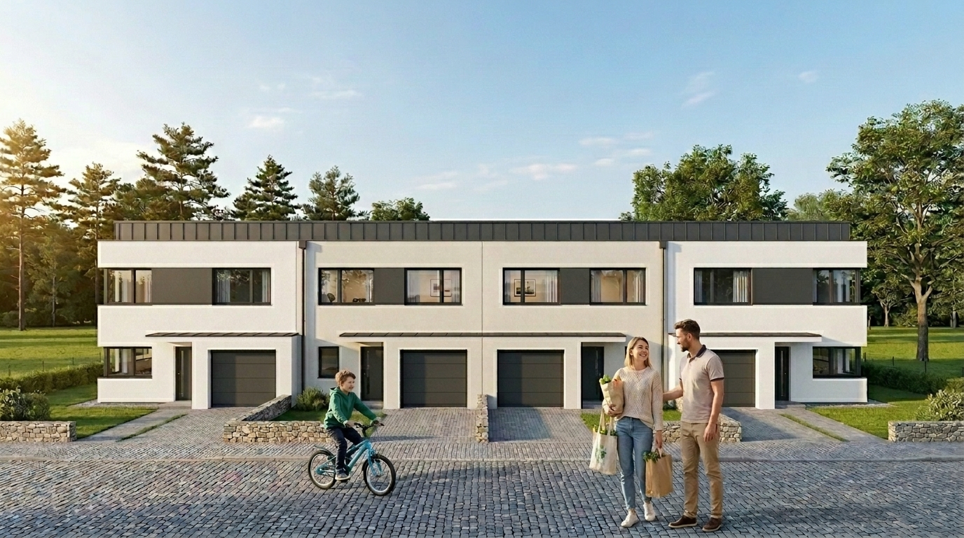 Vizualizace zástavby Parcela II – moderní rodinné domy Za Hrušovem, Praha Štěrboholy