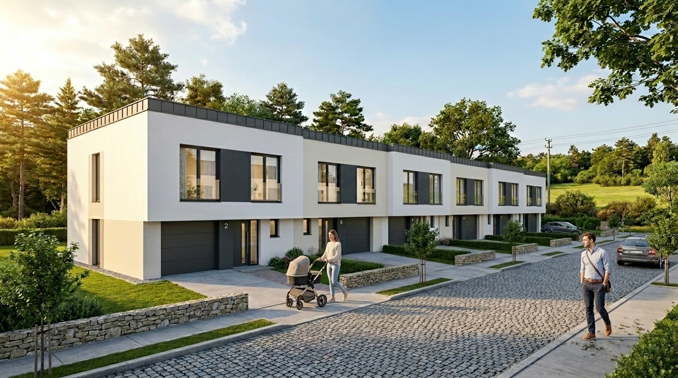 Vizualizace zástavby Parcela I – moderní řadové domy Za Hrušovem, Praha Štěrboholy