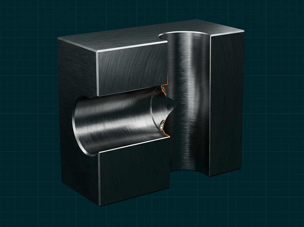 Řez kovovým hydraulickým blokem — v místě průniku dvou vrtaných kanálů je oranžově zvýrazněn otřep (burr)