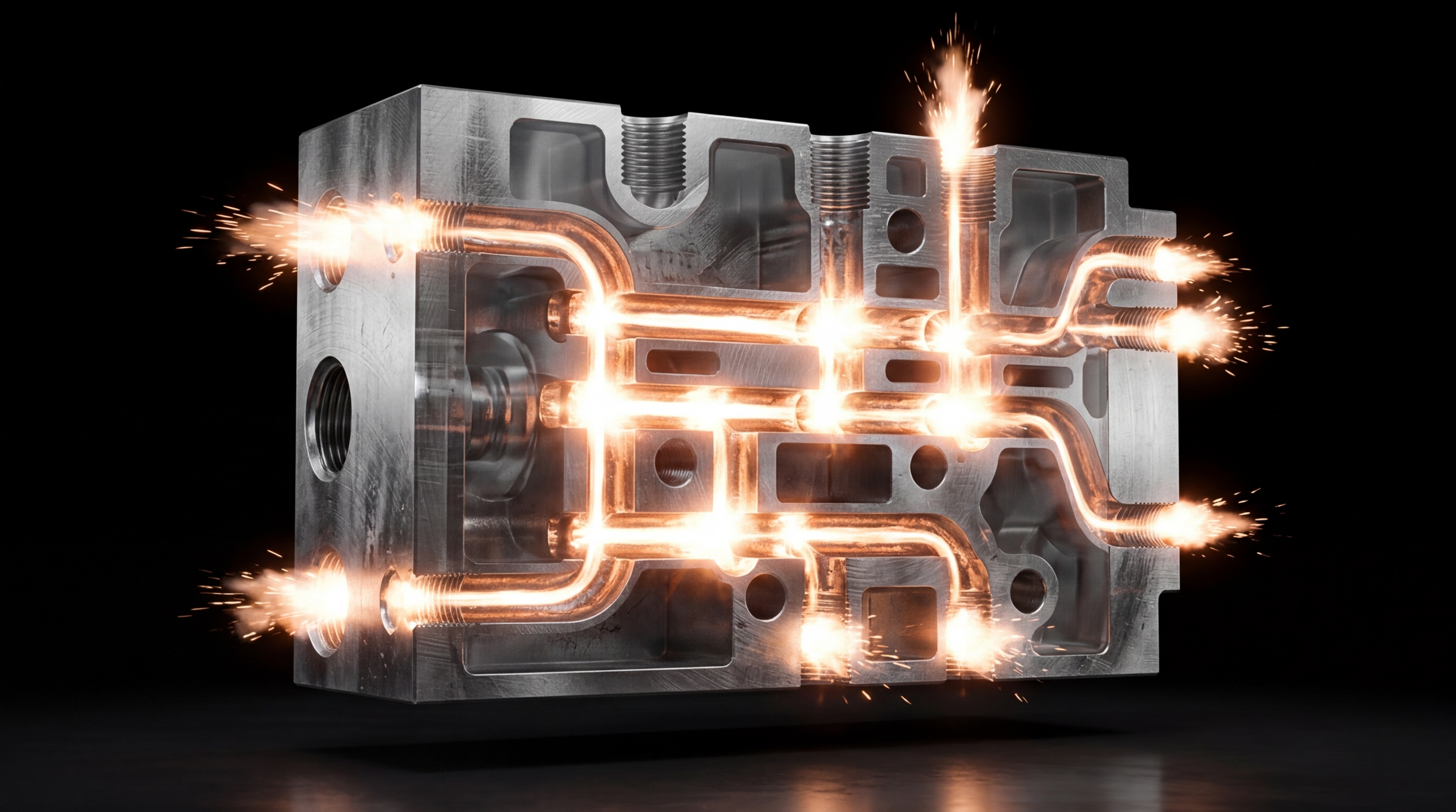 Semi-transparentní hydraulický blok s viditelnými vnitřními kanály — energetický záblesk detonační vlny TEM procesu současně odstraňuje otřepy ve všech průnících děr