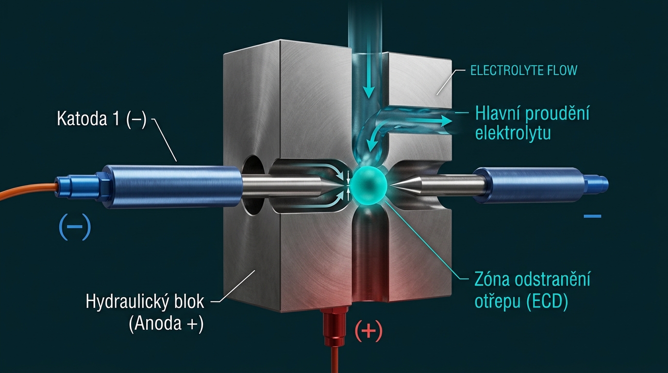 Schéma ECM odjehlování — hydraulický blok jako anoda (+), katody z obou stran zasouvají do křížení vrtání, elektrolyt proudí mezerou, tyrkysový záblesk znázorňuje zónu rozpouštění otřepu