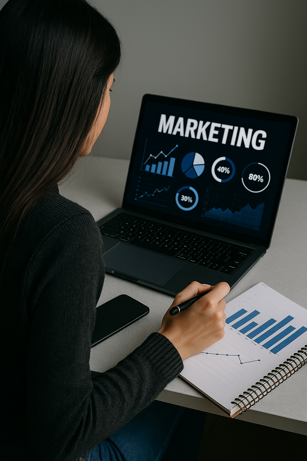 Rapariga morena a trabalhar no computador com dashboard de marketing